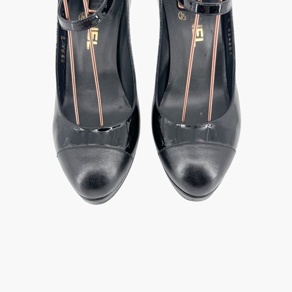 Chanel Platform Pumps Size 38 US 7-7.5 Black Patent Cap Toe Mary Jane Mid Heel - Picture 4 of 15